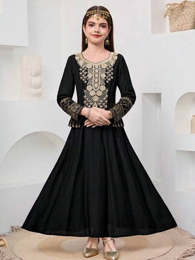 SHEIN فستان طويل الأكمام بخصر مناسب، موحد اللون مع تطريز ذهبي للفتيات المراهقات، مناسب للسفر والعطلات والريف والمنتجعات الكاجوال والبوهيمي، متناسق مع الأم والابنة