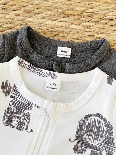 SHEIN قطعتان رومبير رضيع ذات رقبة طاقم طويلة الأكمام مطبوعة برسم فيل أبيض ورمادي، مريحة للخروجات في فصلي الخريف والشتاء، متعددة الاستخدامات