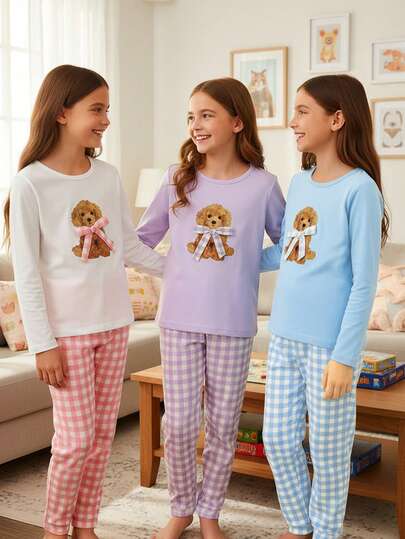 SHEIN Playful Pals مجموعة بيجامة بطبعة كلب كرتوني وفيونكة للبنات، تتكون من ملابس علوية كم طويل وبنطلون