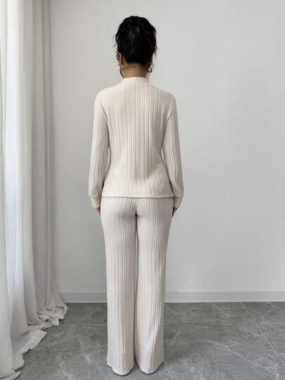 SHEIN PETITE ملابس علوية نسائية بياقة عالية مع تصميم شق وأكمام طويلة مع بنطال ساق واسعة، طقم كاجوال للعطلات، خريف/شتاء