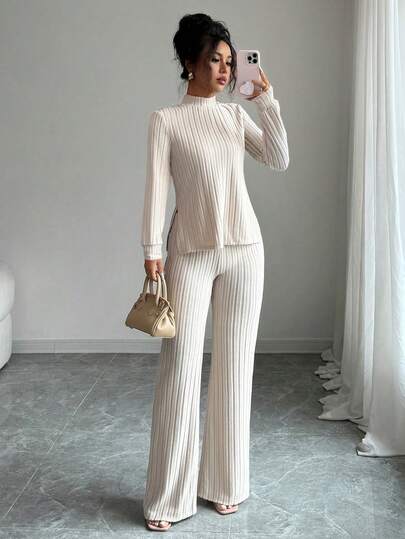 SHEIN PETITE ملابس علوية نسائية بياقة عالية مع تصميم شق وأكمام طويلة مع بنطال ساق واسعة، طقم كاجوال للعطلات، خريف/شتاء
