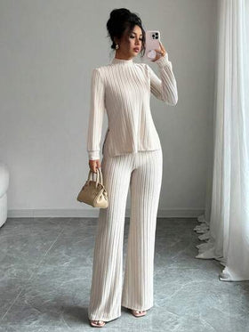 SHEIN PETITE ملابس علوية نسائية بياقة عالية مع تصميم شق وأكمام طويلة مع بنطال ساق واسعة، طقم كاجوال للعطلات، خريف/شتاء