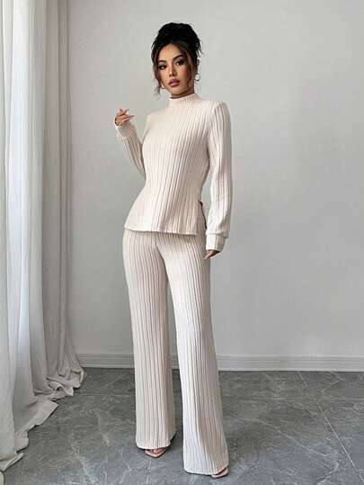 SHEIN PETITE ملابس علوية نسائية بياقة عالية مع تصميم شق وأكمام طويلة مع بنطال ساق واسعة، طقم كاجوال للعطلات، خريف/شتاء
