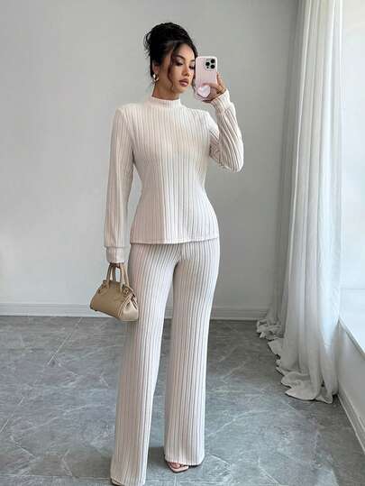 SHEIN PETITE ملابس علوية نسائية بياقة عالية مع تصميم شق وأكمام طويلة مع بنطال ساق واسعة، طقم كاجوال للعطلات، خريف/شتاء