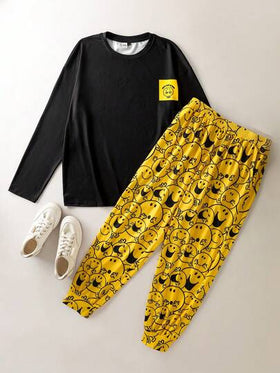 Mr Men Little Miss X SHEIN طقم بيجامة رجالي مريح من قميص بأكمام طويلة وبنطال بنمط كرتوني، للخريف