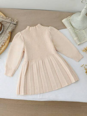 SHEIN فستان محبوك بياقة عالية وأكمام طويلة وذيل مطوي، للفتيات الصغيرات، للخريف/الشتاء