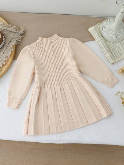SHEIN فستان محبوك بياقة عالية وأكمام طويلة وذيل مطوي، للفتيات الصغيرات، للخريف/الشتاء