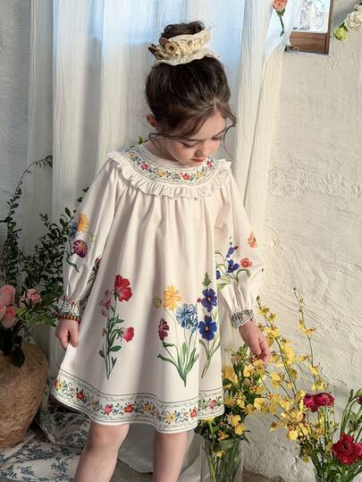 LMoss Kids فستان كاجوال للفتاة الصغيرة بطبعة زهور صغيرة وكشكشة على الذيل