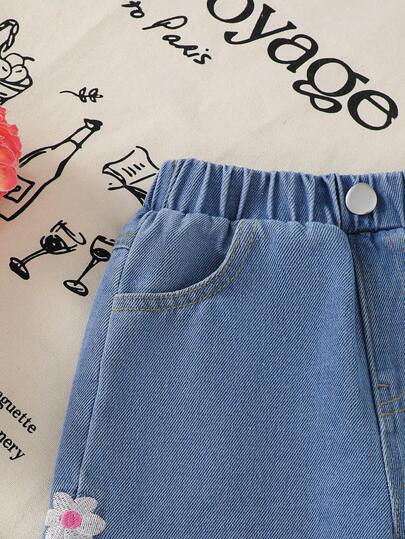 SHEIN 1 قطعة جينز مستقيم الساق بطبعة زهرية كاجوال كولومبي للبنات