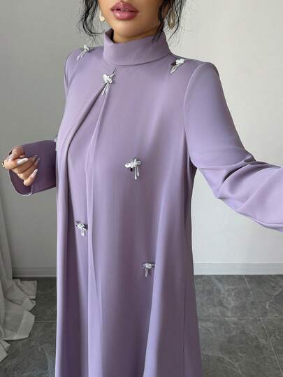 Yasmyna فستان أنيق للنساء مزين بزخارف زهرية ثلاثية الأبعاد بطراز عربي