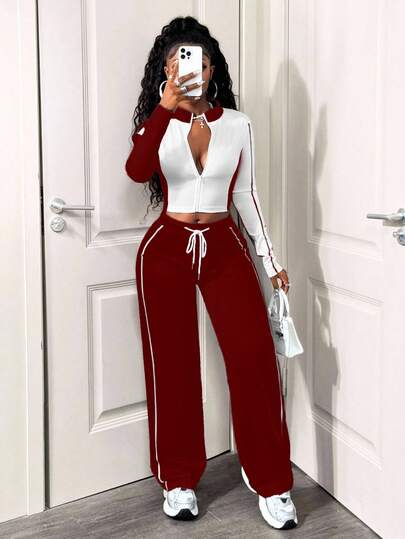 SHEIN BamGlam طقم كاجوال للنساء مكون من قطعتين، تصميم كتل اللون، جاكيت سحاب طويل الأكمام وبنطال بحبل شد، خريفي