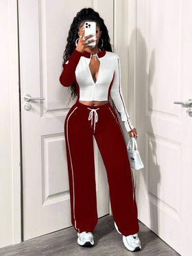 SHEIN BamGlam طقم كاجوال للنساء مكون من قطعتين، تصميم كتل اللون، جاكيت سحاب طويل الأكمام وبنطال بحبل شد، خريفي