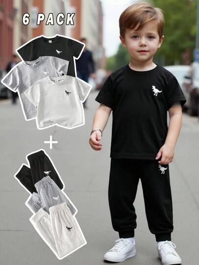 SHEIN Streecool Kids مجموعة 3 قطع من قميص كم قصير وبنطلون مطبوع عليه رسوم ديناصورات للأولاد الصغار باللون الأسود والرمادي والرمادي الفاتح، مناسبة للخروجات والملابس اليومية والرياضة والمناسبات