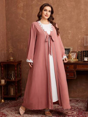 Al Najma رمضان عباءة نسائية كاجوال أنيقة مطرزة بتريم ملون، كم طويل