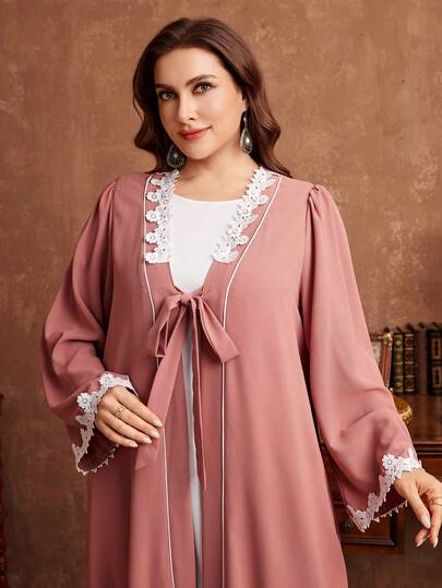 Al Najma رمضان عباءة نسائية كاجوال أنيقة مطرزة بتريم ملون، كم طويل