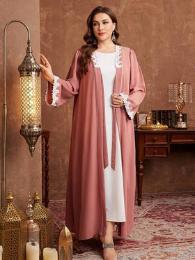 Al Najma رمضان عباءة نسائية كاجوال أنيقة مطرزة بتريم ملون، كم طويل