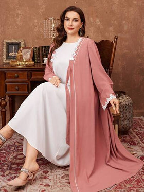 Al Najma رمضان عباءة نسائية كاجوال أنيقة مطرزة بتريم ملون، كم طويل