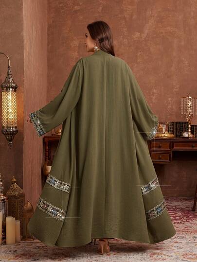 Al Najma رمضان مجموعة أنيقة من الأبايا ذات الأكمام الطويلة والفساتين بلا أكمام مع تصميم الشراريب للمرأة ذات الحجم الكبير