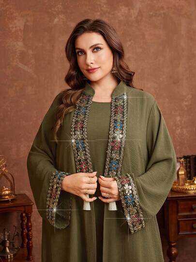 Al Najma رمضان مجموعة أنيقة من الأبايا ذات الأكمام الطويلة والفساتين بلا أكمام مع تصميم الشراريب للمرأة ذات الحجم الكبير