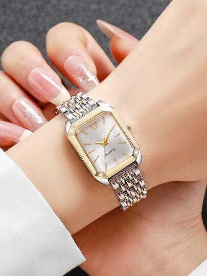 ساعة يد كاجوال أنيقة للنساء بعقارب كوارتز وعقارب مربعة الشكل مع سوار من الصلب، ساعة أنيقة (لا يوجد علبة ساعة مرفقة)