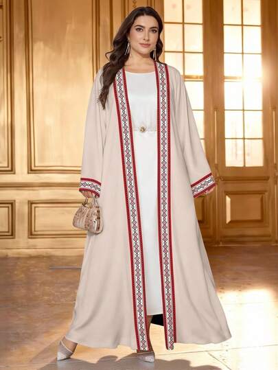 SHEIN Najma رمضان عباية عربية كاجوال للنساء ذوات الأحجام الكبيرة، بطبعات هندسية مخططة وأكمام طويلة، مناسبة لفصلي الربيع والخريف