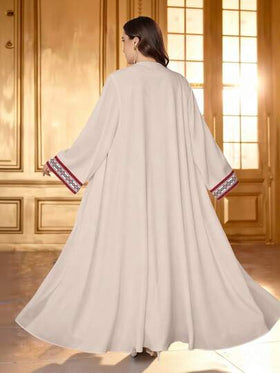 SHEIN Najma رمضان عباية عربية كاجوال للنساء ذوات الأحجام الكبيرة، بطبعات هندسية مخططة وأكمام طويلة، مناسبة لفصلي الربيع والخريف