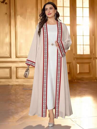 SHEIN Najma رمضان عباية عربية كاجوال للنساء ذوات الأحجام الكبيرة، بطبعات هندسية مخططة وأكمام طويلة، مناسبة لفصلي الربيع والخريف