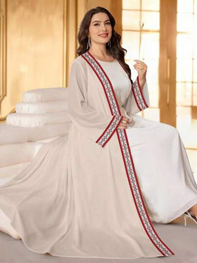 SHEIN Najma رمضان عباية عربية كاجوال للنساء ذوات الأحجام الكبيرة، بطبعات هندسية مخططة وأكمام طويلة، مناسبة لفصلي الربيع والخريف