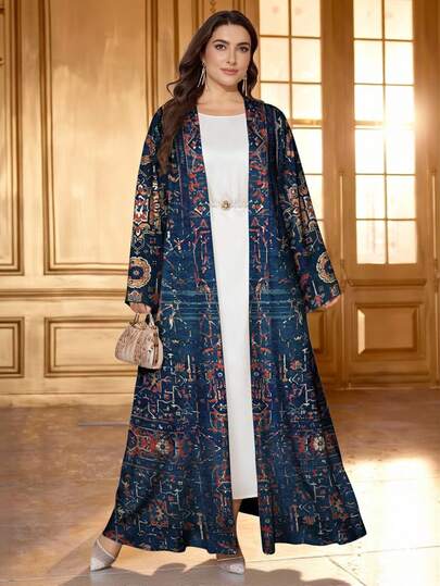 SHEIN Najma رمضان عباية عربية كاجوال للنساء ذوات الحجم الكبير، طباعة زهرية رجعية، أكمام طويلة، مناسبة للربيع والخريف