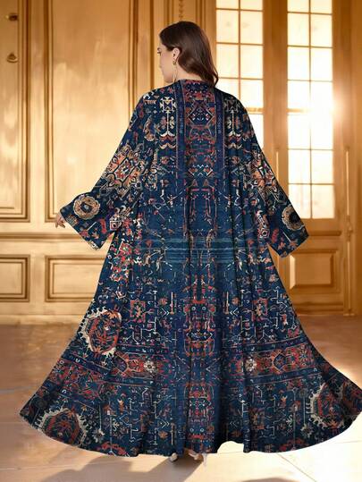 SHEIN Najma رمضان عباية عربية كاجوال للنساء ذوات الحجم الكبير، طباعة زهرية رجعية، أكمام طويلة، مناسبة للربيع والخريف