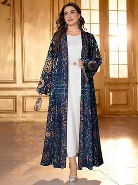 SHEIN Najma رمضان عباية عربية كاجوال للنساء ذوات الحجم الكبير، طباعة زهرية رجعية، أكمام طويلة، مناسبة للربيع والخريف