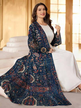 SHEIN Najma رمضان عباية عربية كاجوال للنساء ذوات الحجم الكبير، طباعة زهرية رجعية، أكمام طويلة، مناسبة للربيع والخريف