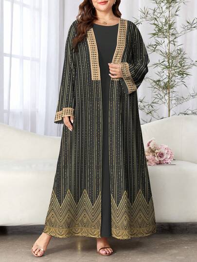 SHEIN Najma رمضان عباية عربية كاجوال بأكمام طويلة للنساء ذوات الأحجام الكبيرة، مطبوعة رقميًا بتصميم موجي ومخطط وأنماط أنيقة، مناسبة للربيع والخريف