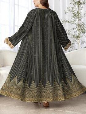 SHEIN Najma رمضان عباية عربية كاجوال بأكمام طويلة للنساء ذوات الأحجام الكبيرة، مطبوعة رقميًا بتصميم موجي ومخطط وأنماط أنيقة، مناسبة للربيع والخريف