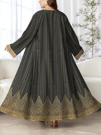 SHEIN Najma رمضان عباية عربية كاجوال بأكمام طويلة للنساء ذوات الأحجام الكبيرة، مطبوعة رقميًا بتصميم موجي ومخطط وأنماط أنيقة، مناسبة للربيع والخريف