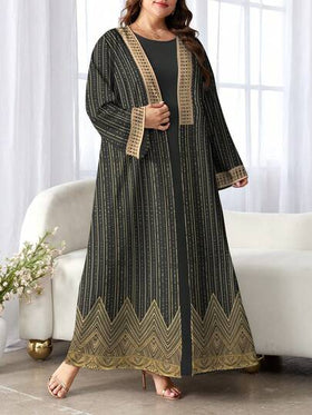 SHEIN Najma رمضان عباية عربية كاجوال بأكمام طويلة للنساء ذوات الأحجام الكبيرة، مطبوعة رقميًا بتصميم موجي ومخطط وأنماط أنيقة، مناسبة للربيع والخريف