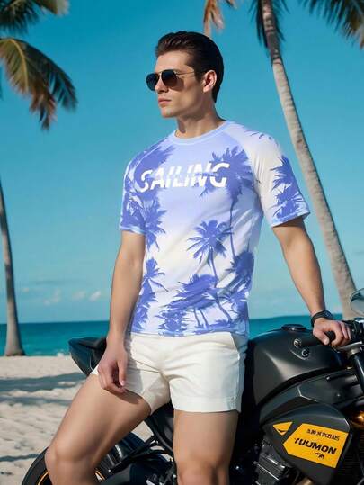 Manfinity Swimmode بدلة السباحة الواقية من الطبقات الجلدية للرجال ذات الطباعة الاستوائية