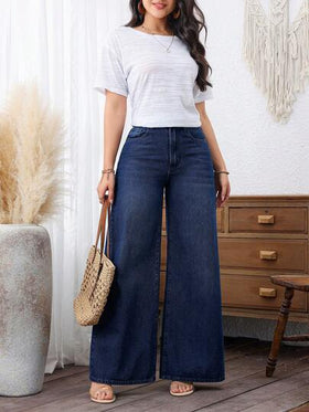 SHEIN PETITE جينز واسع الساق مغسول للاستخدام اليومي في العطلات