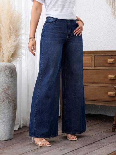 SHEIN PETITE جينز واسع الساق مغسول للاستخدام اليومي في العطلات