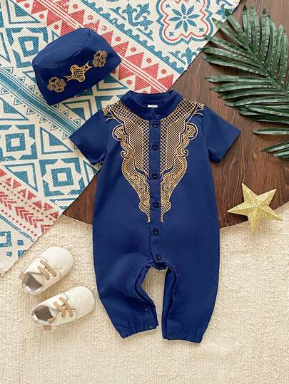 SHEIN رمضان 1 قطعة رومبير قصيرة الأكمام للأولاد مع طوق مندرين وأزرار مطبوعة + قبعة شمس دائرية، طقم كاجوال رجعي مناسب للارتداء اليومي في الربيع/الصيف