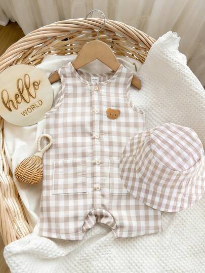 SHEIN LMoss Kids مجموعة رومبير وقبعة دلو للأطفال الرضع من الجنسين، مكونة من رومبير بدون أكمام ذات خطوط ملونة باللون المشمشي وشورت، ملابس عادية للعطلات الربيعية والصيفية