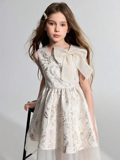 Maija Kids Maija Kids فستان كاجوال أنيق بدون أكمام من نوع جاكارد للفتيات المراهقات، لون المشمش