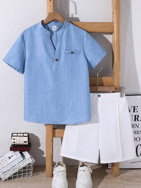SHEIN طقم قميص كاجوال بياقة على شكل حرف V وشورت مناسب للفتى المراهق، مناسب للتنقل والمدرسة والارتداء اليومي الكاجوال والرياضة في فصلي الربيع والصيف