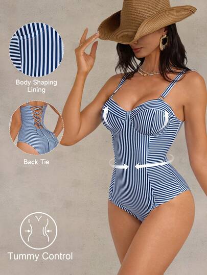 Shapewave بدلة سباحة نسائية من قطعة واحدة، بتصميم رقعي بخطوط زرقاء وبيضاء، مع ربطة خلفية وتحكم في البطن، تنحيف الخصر، مناسبة للشاطئ والعطلات والحفلات