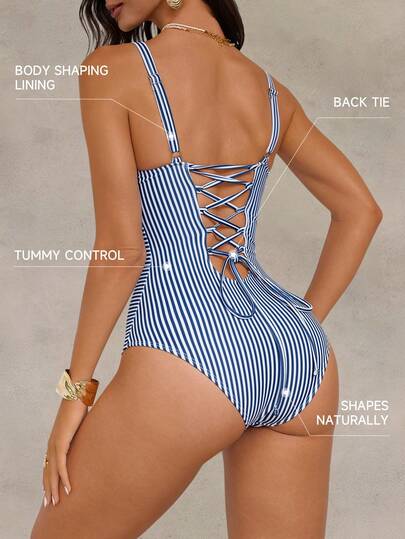 Shapewave بدلة سباحة نسائية من قطعة واحدة، بتصميم رقعي بخطوط زرقاء وبيضاء، مع ربطة خلفية وتحكم في البطن، تنحيف الخصر، مناسبة للشاطئ والعطلات والحفلات