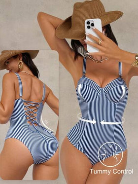 Shapewave بدلة سباحة نسائية من قطعة واحدة، بتصميم رقعي بخطوط زرقاء وبيضاء، مع ربطة خلفية وتحكم في البطن، تنحيف الخصر، مناسبة للشاطئ والعطلات والحفلات