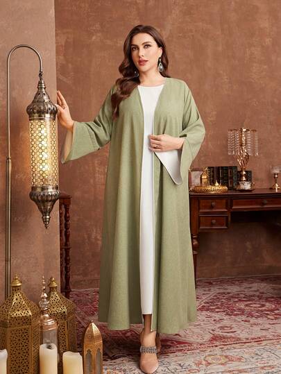 Al Najma رمضان عباية طويلة كاجوال بأكمام طويلة ذات لون أحادي للنساء ذوات الحجم الكبير