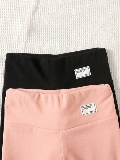 SHEIN سروال ضيق للمراهقات قطعتان من الفليس الحراري مع زخرفة رقعة الخصر، سراويل دافئة للأطفال البنات، سروال ضيق محاط بالحرارة للبنات في فصل الشتاء
