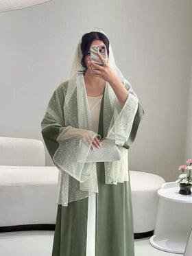 رمضان عباءات للنساء، مجموعة عباءة وحجاب طويلة للنساء: لون أحادي مع أكمام مزينة بورق الفضة، أناقة وفخامة أسلوب الشرق الأوسط، قماش ساتان متدلٍ - مثالية لحفلات الضيافة الراقية الداخلية، فساتين حفلات أنيقة خضراء للنساء
