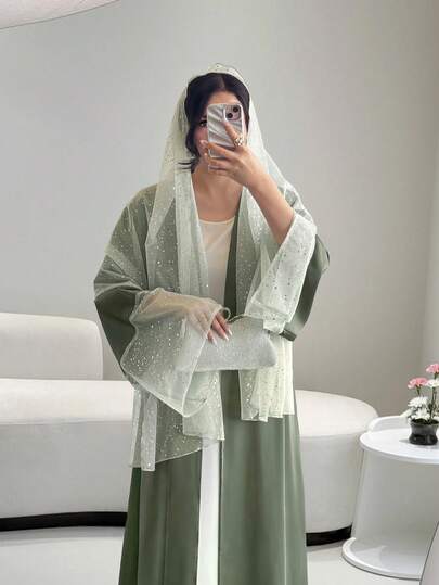 رمضان عباءات للنساء، مجموعة عباءة وحجاب طويلة للنساء: لون أحادي مع أكمام مزينة بورق الفضة، أناقة وفخامة أسلوب الشرق الأوسط، قماش ساتان متدلٍ - مثالية لحفلات الضيافة الراقية الداخلية، فساتين حفلات أنيقة خضراء للنساء